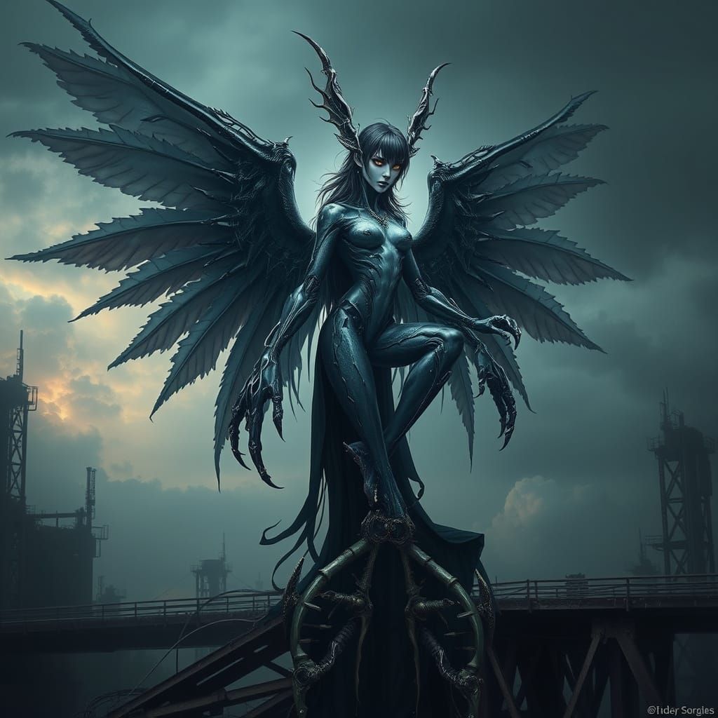Cyborg Goddess Perched on a Decaying Bridge