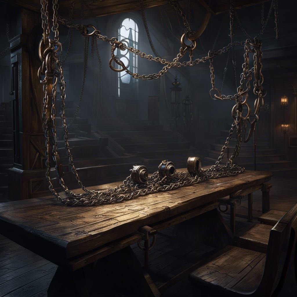 Dark Fantasy Spiked Chain on Table, Detailed 8K Art