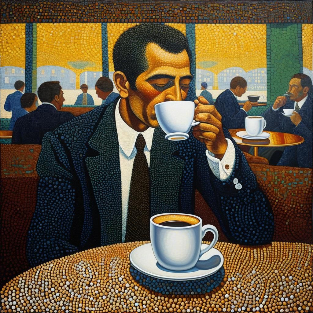Pointillist Painting of Man Drinking Coffee in Café