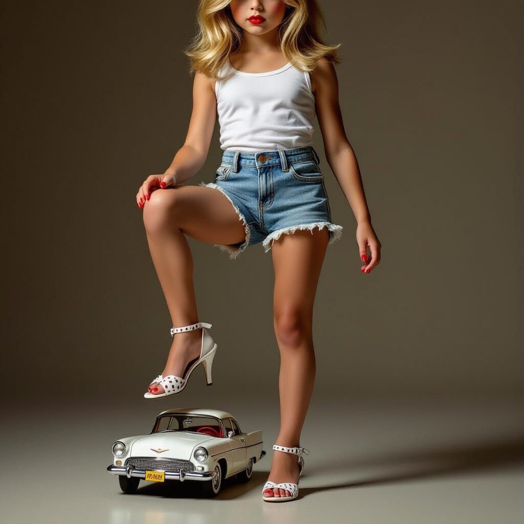 Girl in High Heels Squishing Car, Photorealistic Style