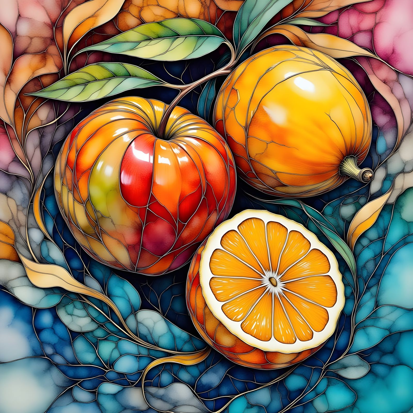 Vibrant, Glowing Fruits in Neurographic Flux