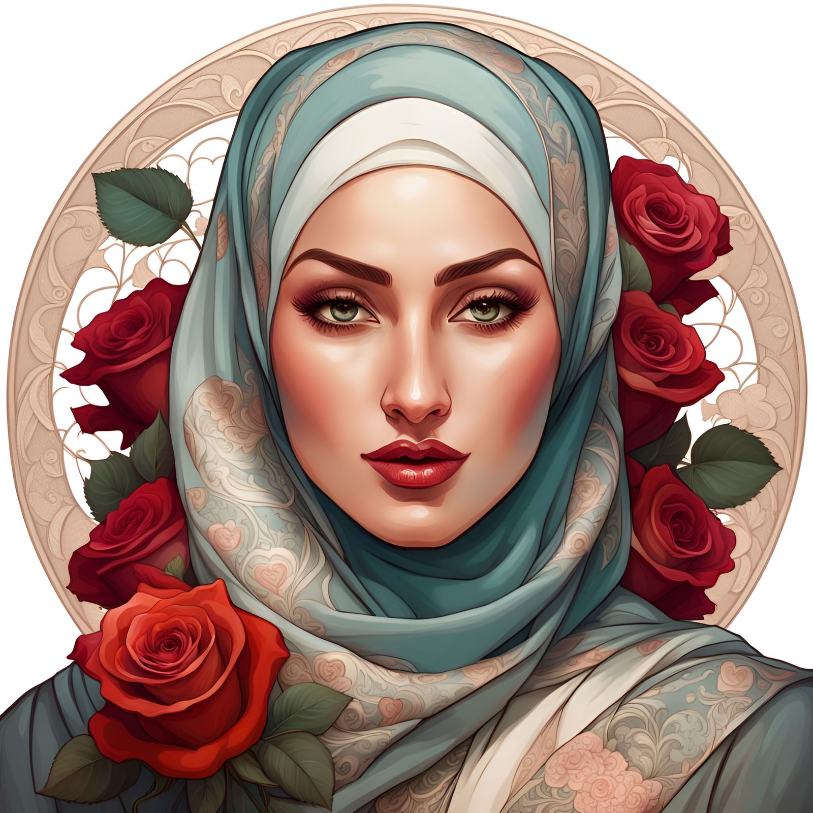 Beautiful Woman in Hijab, Art Nouveau Portrait