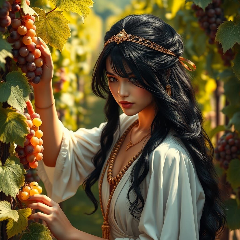 Beautiful Woman Picking Grapes in Vineyard