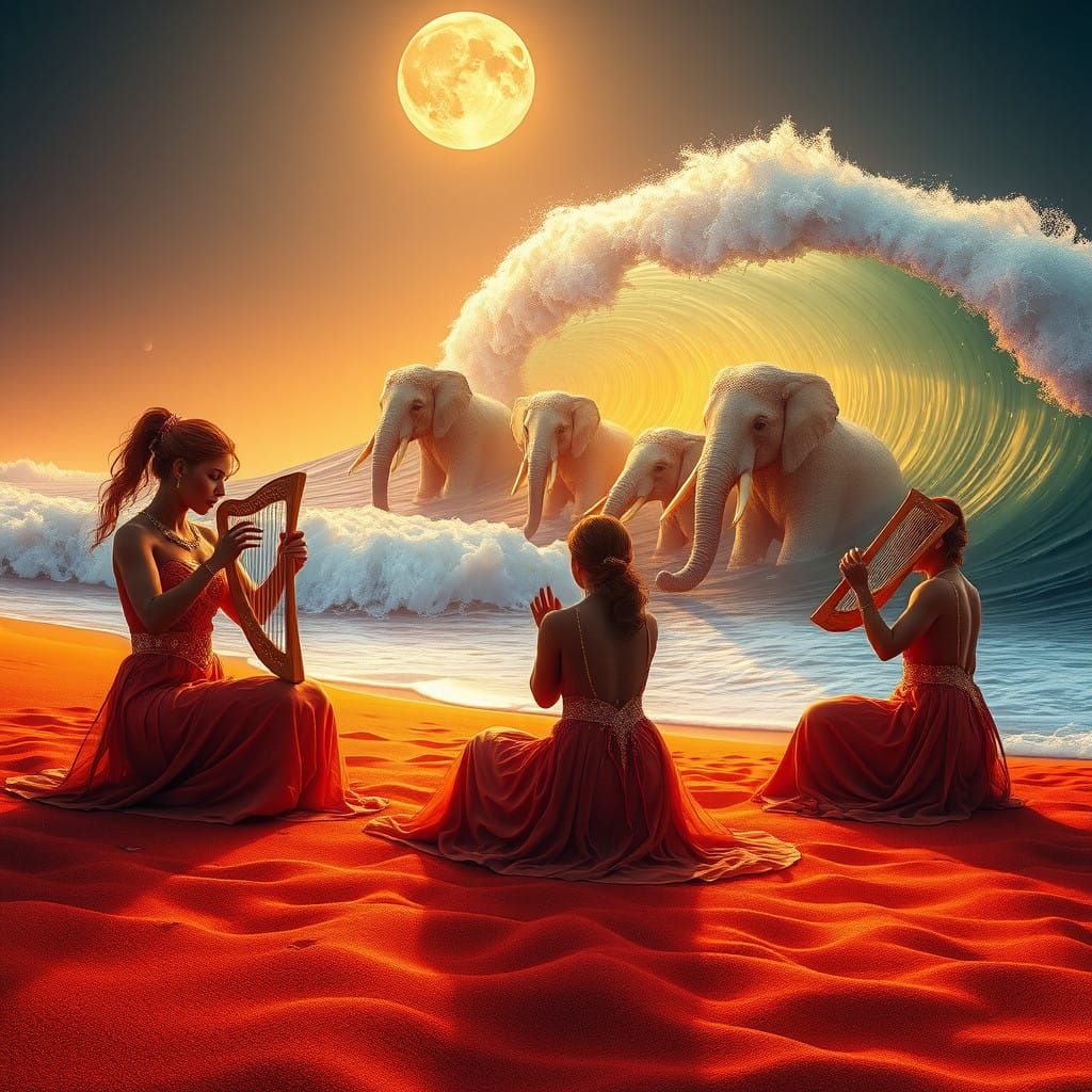 Majestic Princesses Summon Magic Elephants Under Golden Moon...