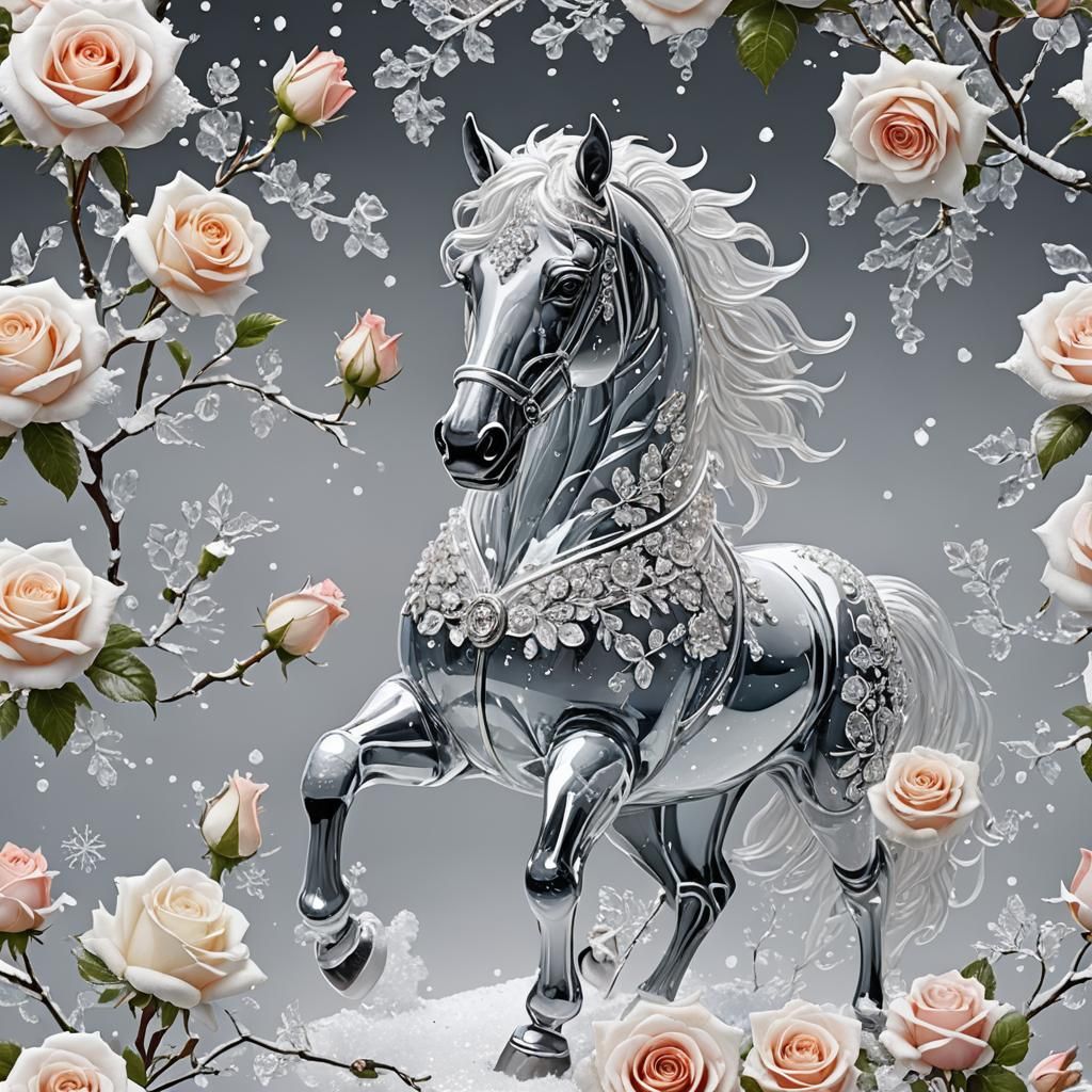 Crystal Horse Amidst Roses and Snow
