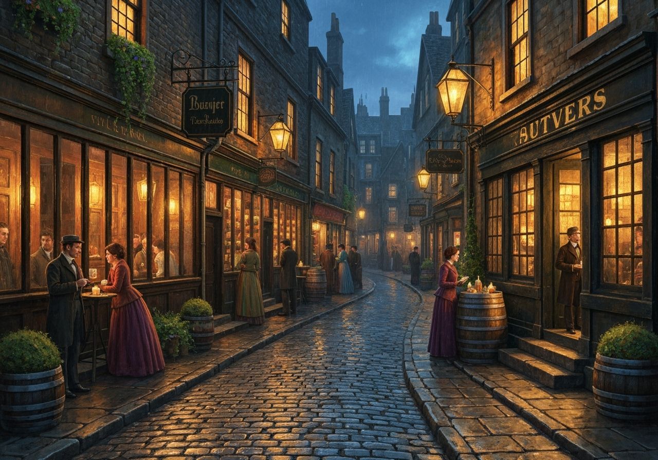 Victorian Tavern Alley at Night, Golden Lanterns