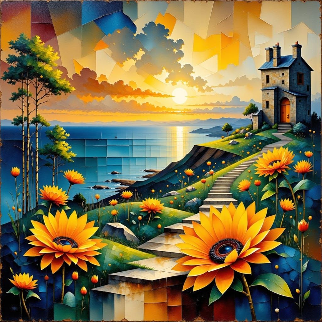 Vibrant Cubist Sunflowers at Sunset on Distressed Film