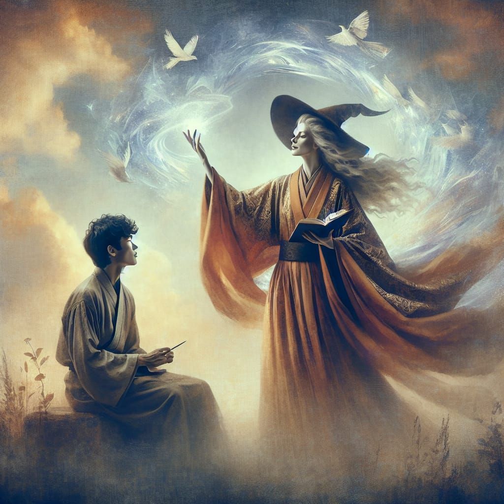 Majestic Mage Teaches Apprentice, Romantic Oil Painting