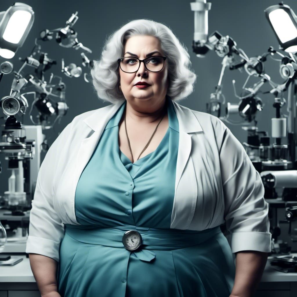 Curvy Scientist in Laboratory, Hyperrealism Style