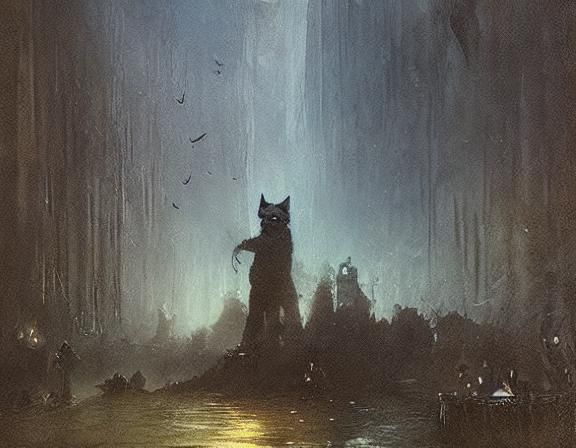 Abstract Watercolor: Black Kitten in Shadows