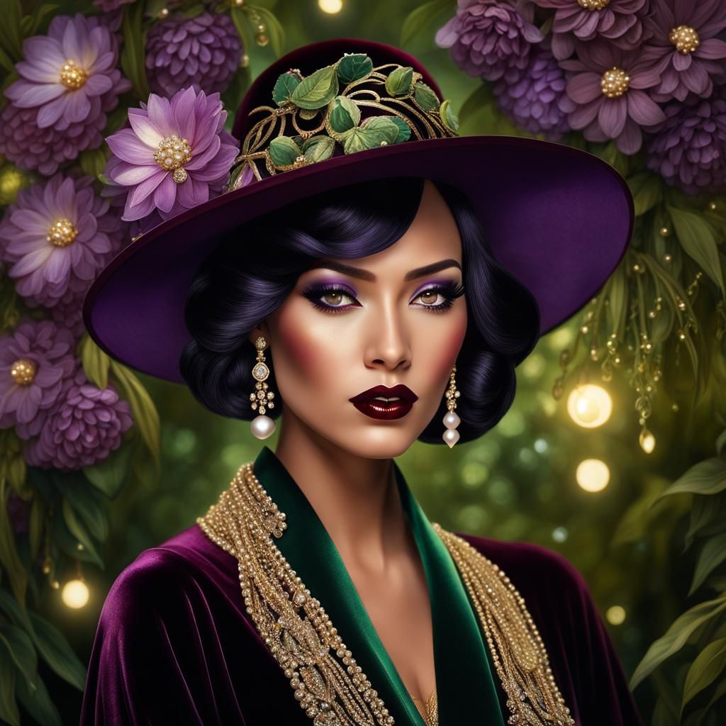 Ethereal Woman with Purple Hat in Cyberpunk Style