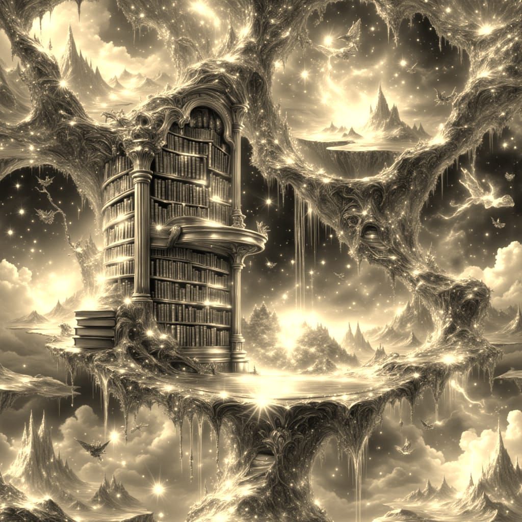 Mystical Library Floating in Starry Sky