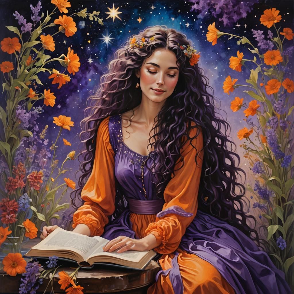 Woman Reading with Flowers, Acrylic Painting