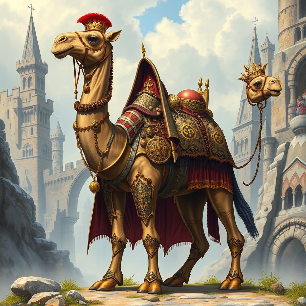 Regally Clad Camel in Medieval Armour at Camelot