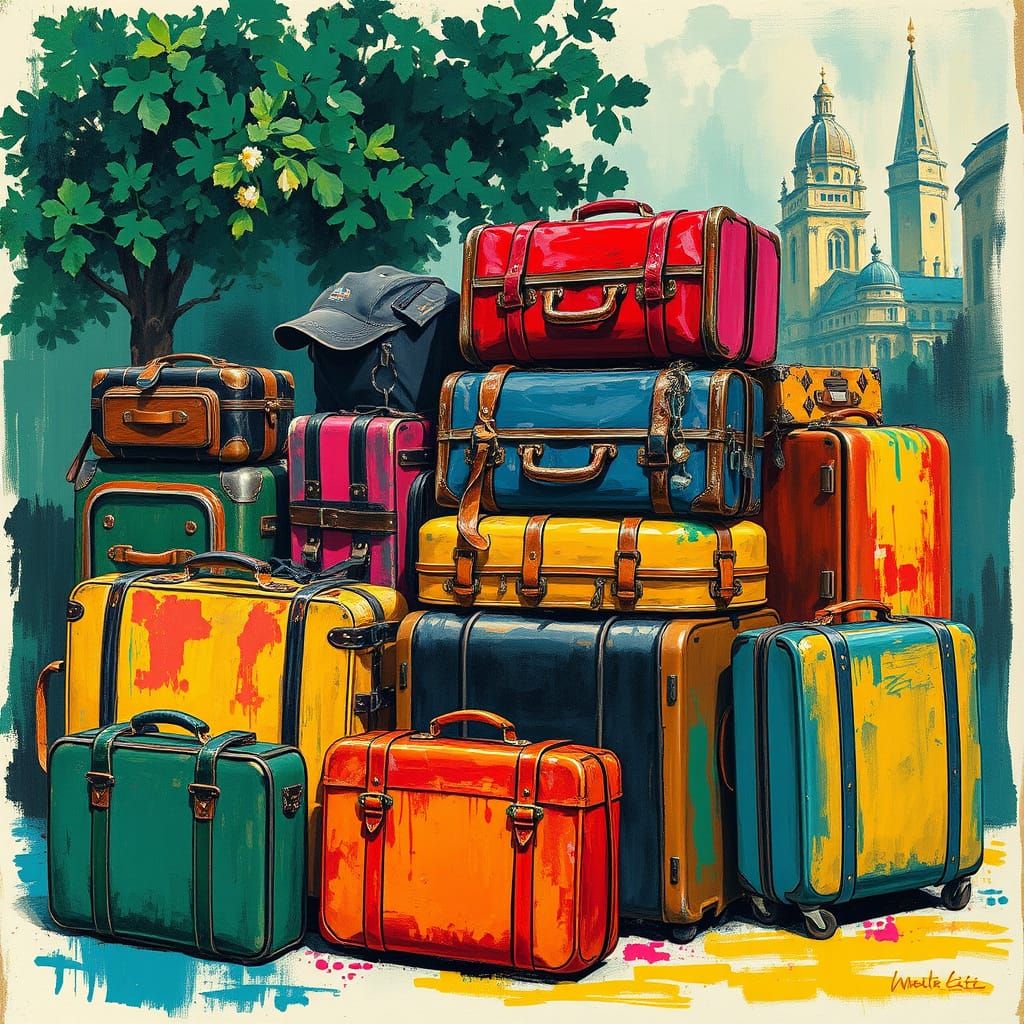 Vibrant Travel Landscape with Eclectic Luggage in Impression...