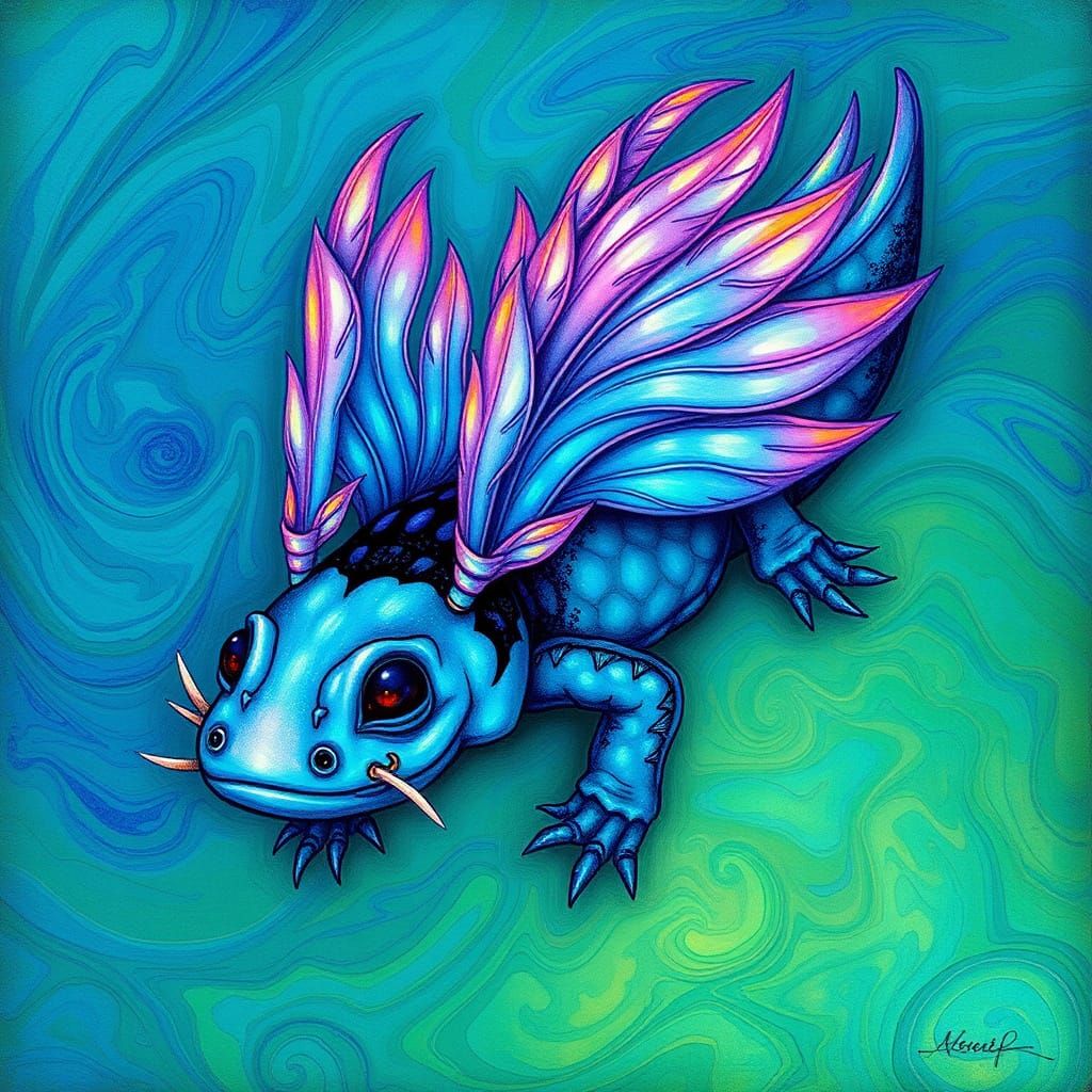 Mythical Axolotl Soars with Iridescent Wings