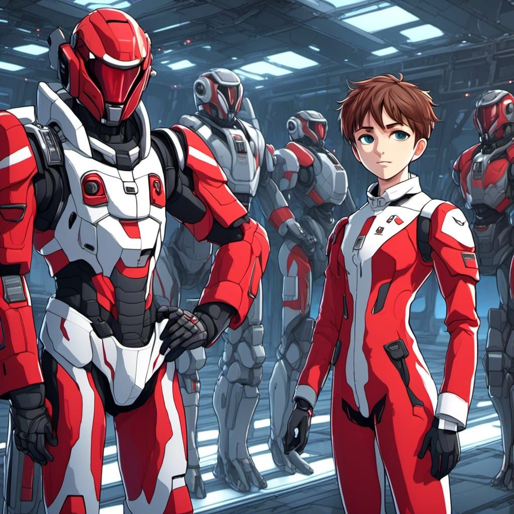 Anime Pilot and Mecha Suit in Space Hangar