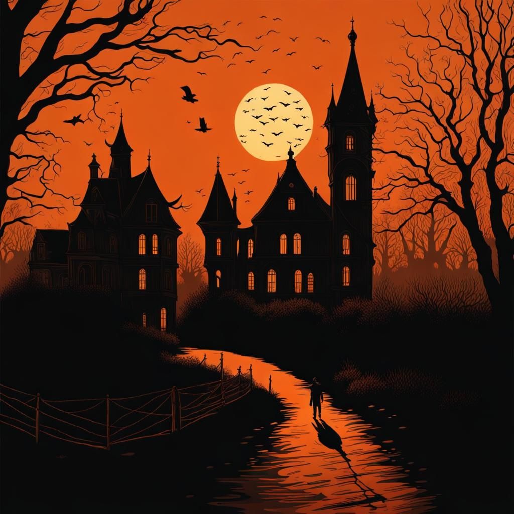 Silhouette Story in Orange Sunset, Abstract Vector Art