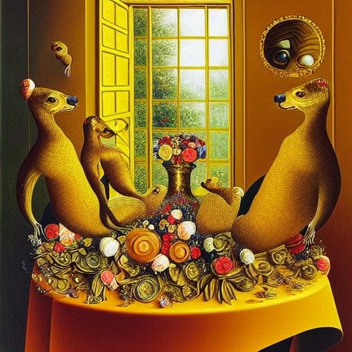 Holographic Ferrets in Golden Vase, Surreal Still Life