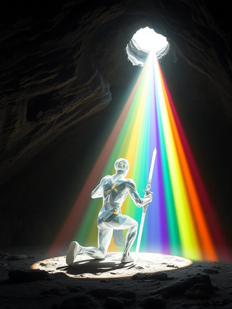 Crystal Humanoid Emits Rainbow Light in Dark Cave