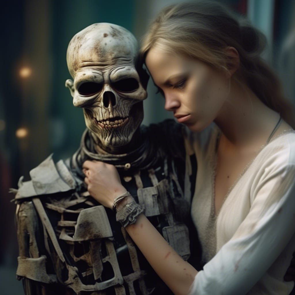 Cyborg Riot Officer Hugs Zombie at Vigil