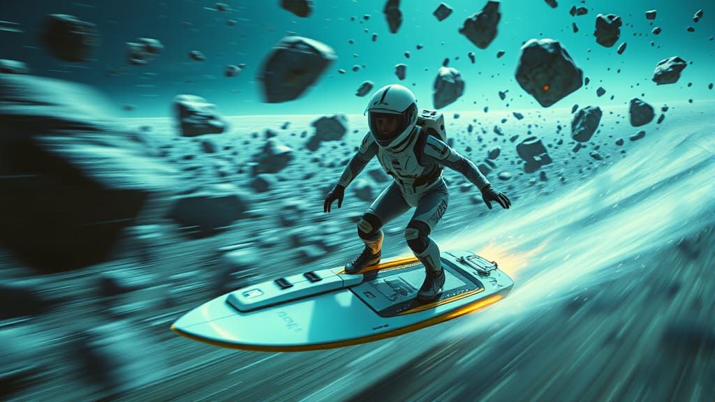 Epic Sci-Fi Surfing Adventure Through Asteroid Field