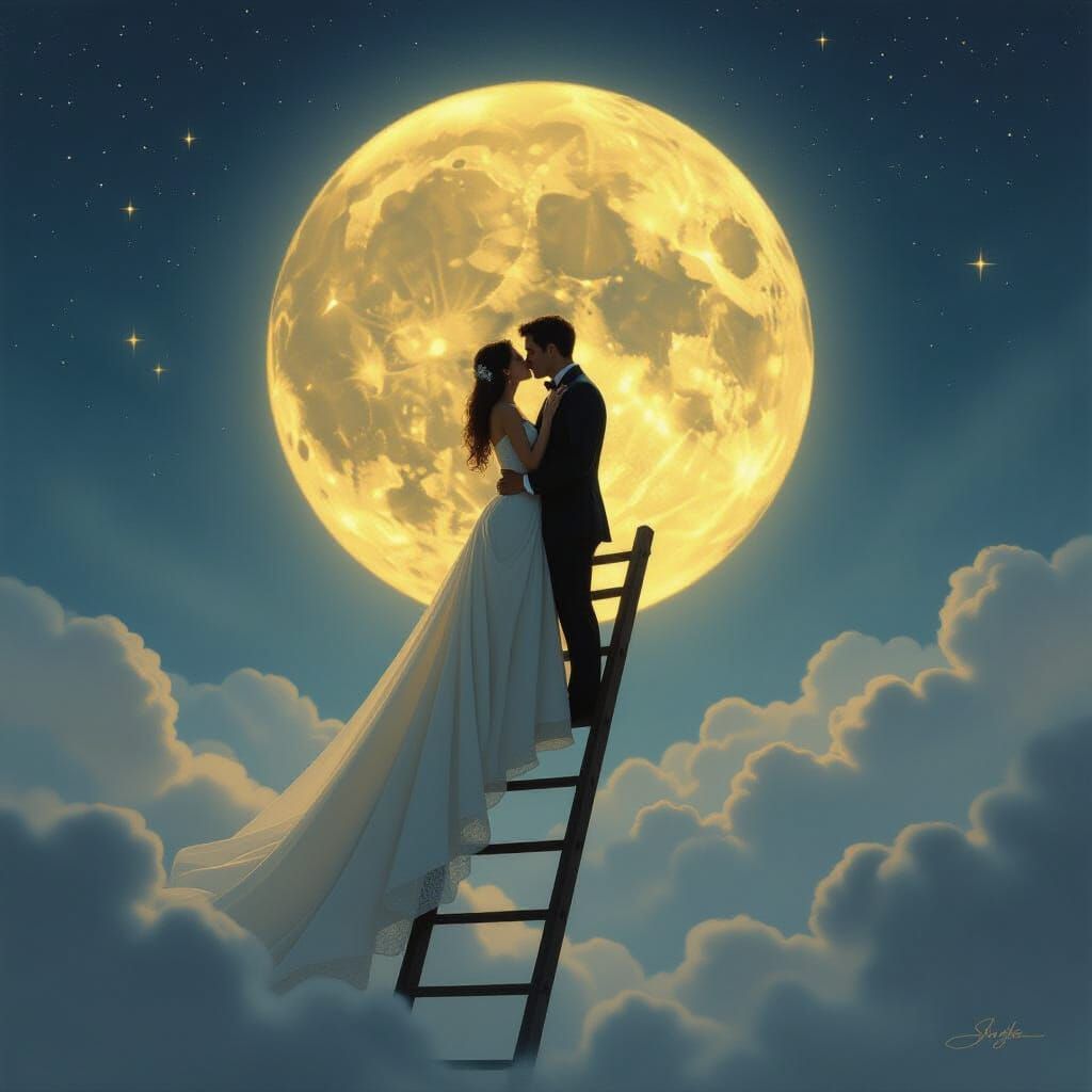 Lovers Kiss Under Ethereal Moonlit Sky Oil Painting