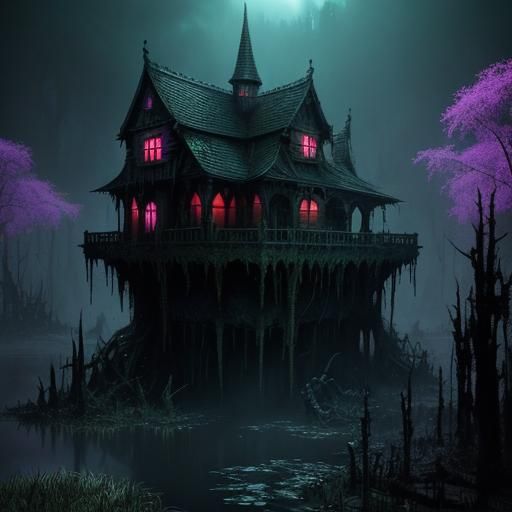 Dark Fantasy Swamp with Shadowy Creatures in 3D
