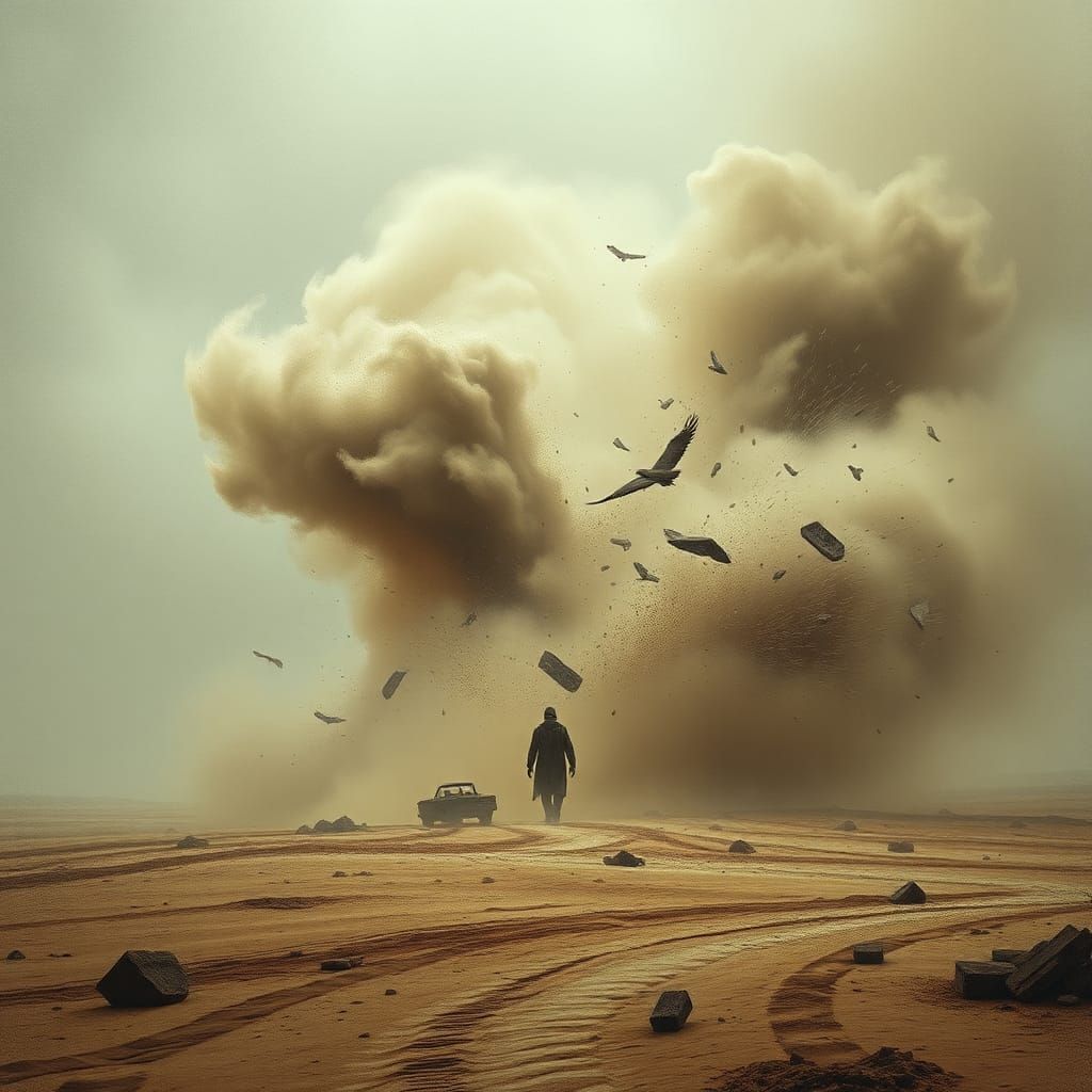 Turbulent Winds Sweep Desolate Landscape in Gritty Style