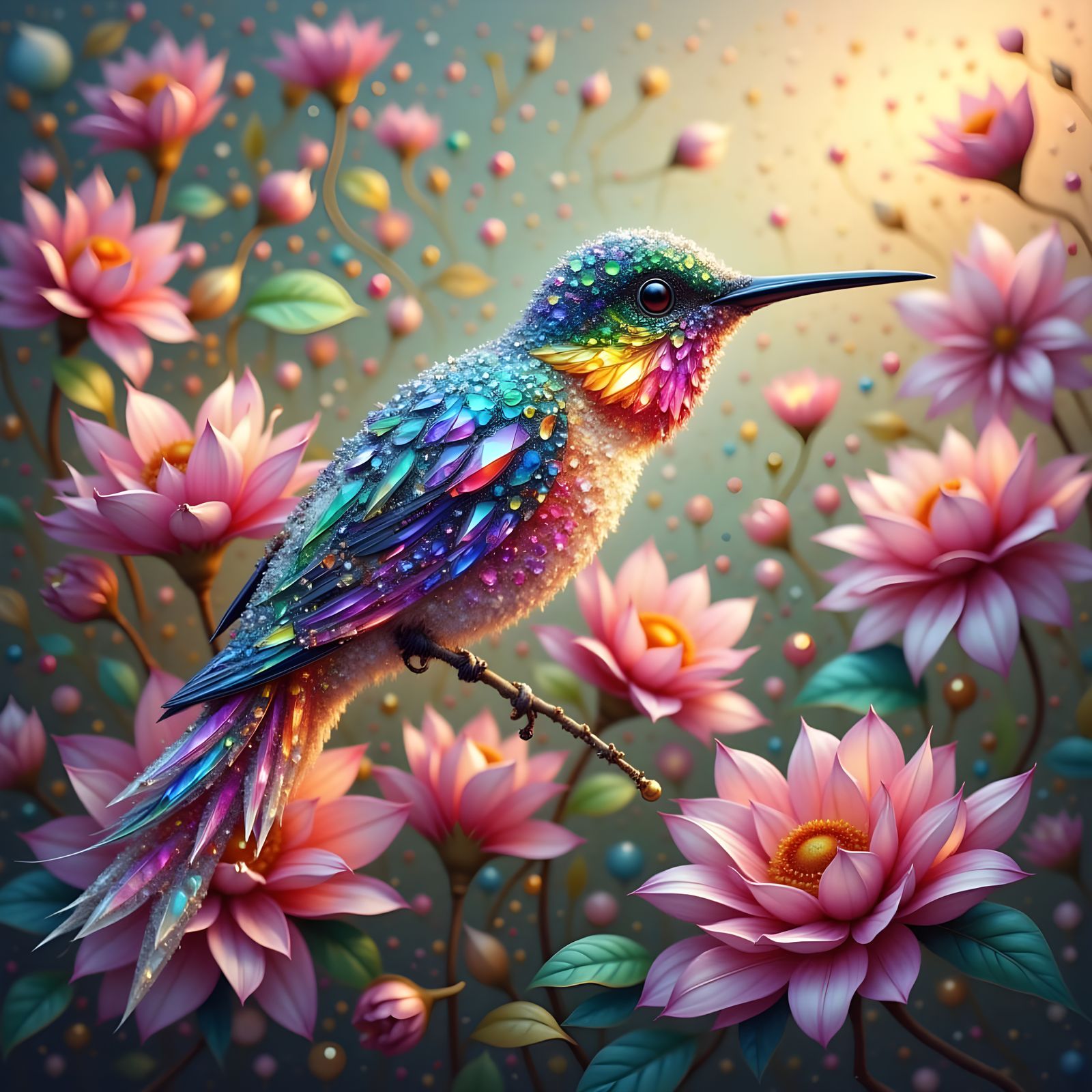 Hummingbird Made of Swarovski Crystals Among Flowers