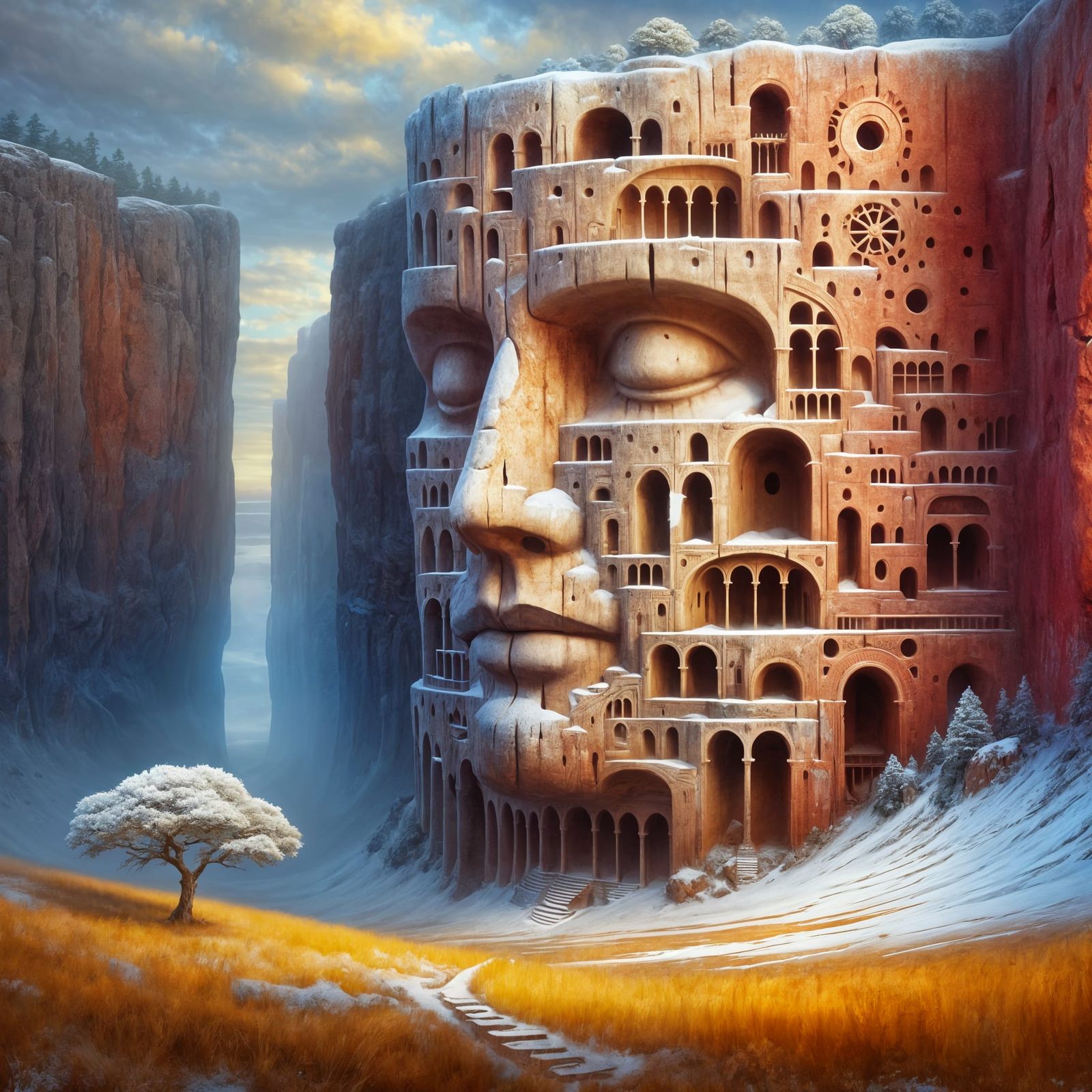 Surreal Human Face Fortress Embedded in Cliff
