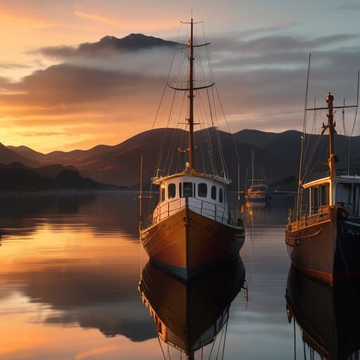 Scottish Harbor Sunset: Fishing Trawler in Still Waters