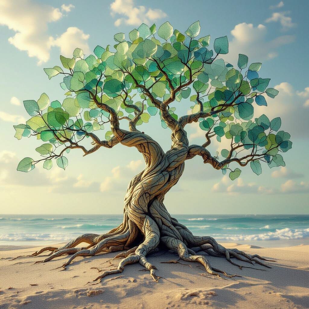 Ancient Sea Glass Tree in Surreal Art Nouveau Style