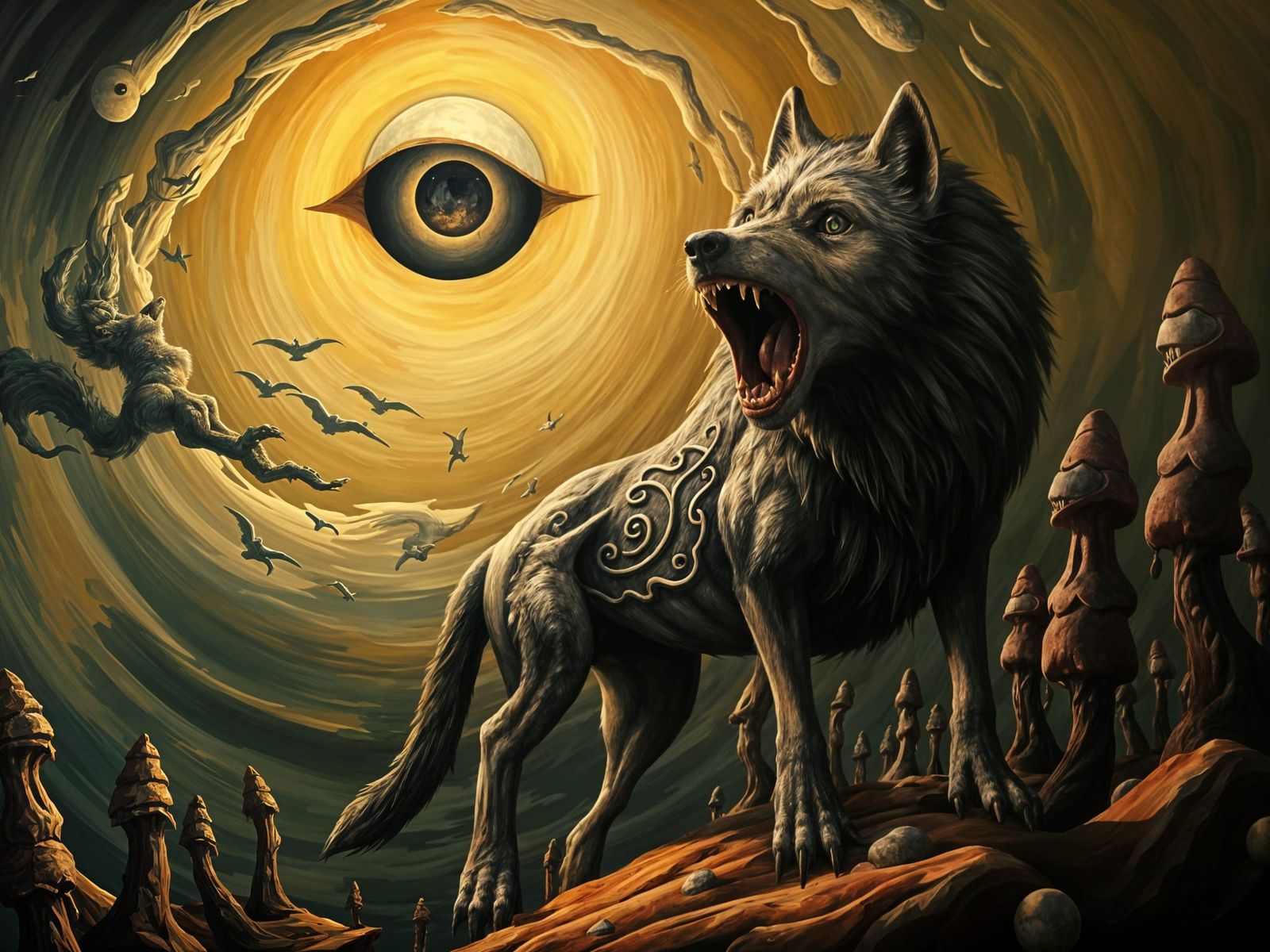 Surreal Wolf Howling at Moon in Ernst Style
