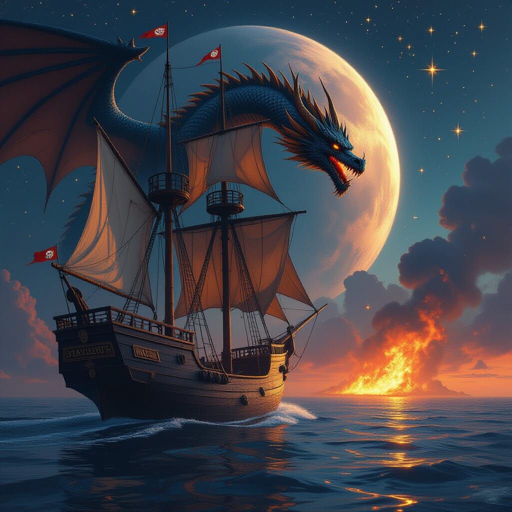 Worn Barquentine in Space with Dragon Protector