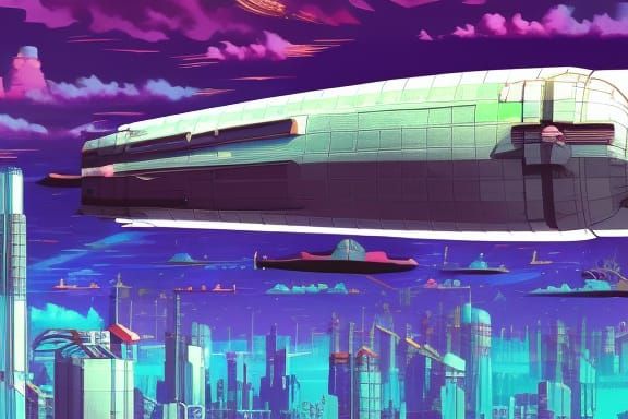 Victorian Airship Over Cyberpunk City: Comic Book Art