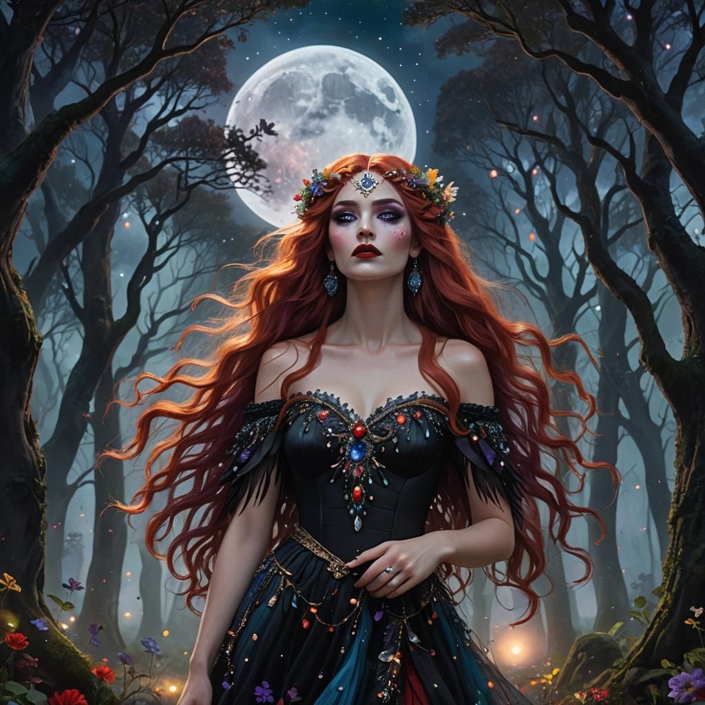 Goddess with Gemstones in Moonlight, Fantasy Concept Art
