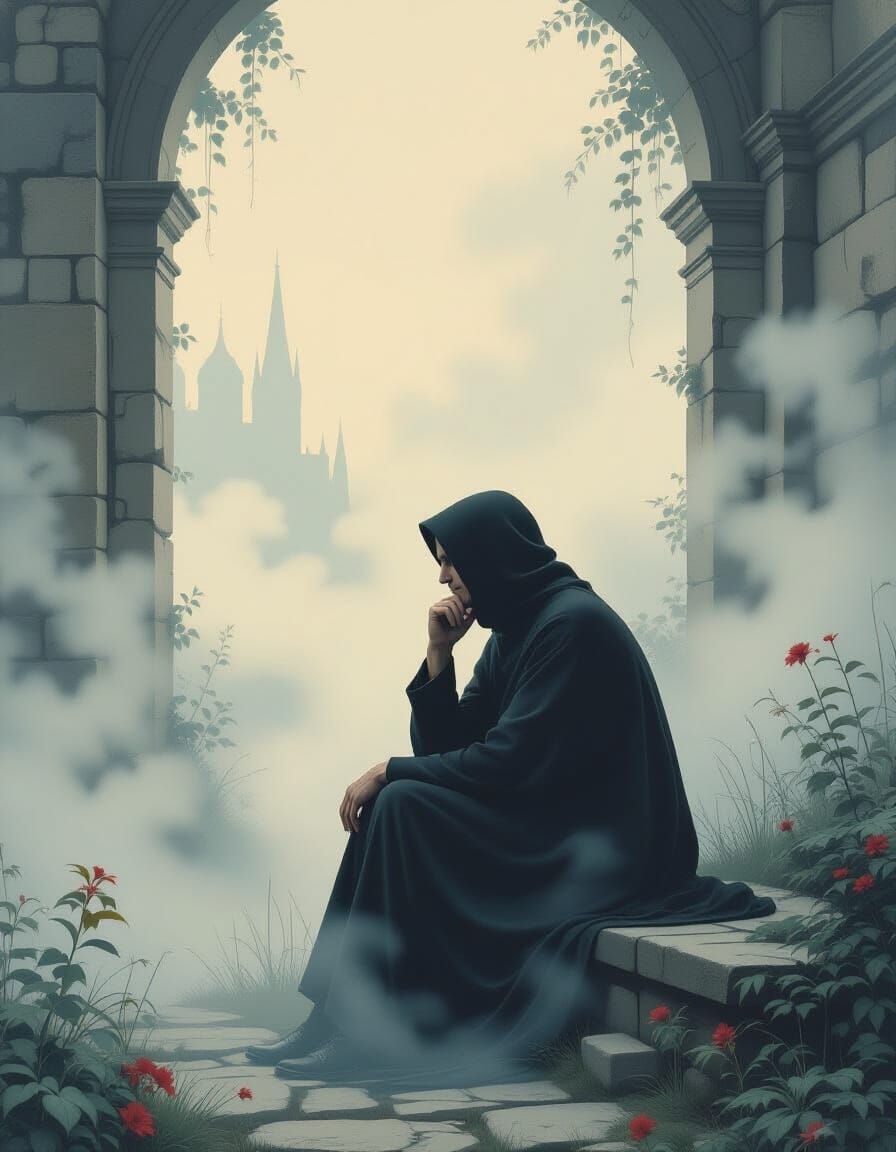 Contemplative Figure in Dreamlike Surrealist Landscape