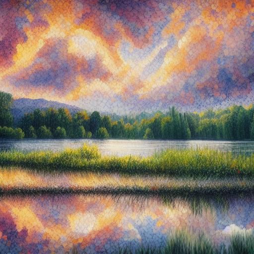 Serene Landscape Painting with Tranquil Pond and Cloudy Sky