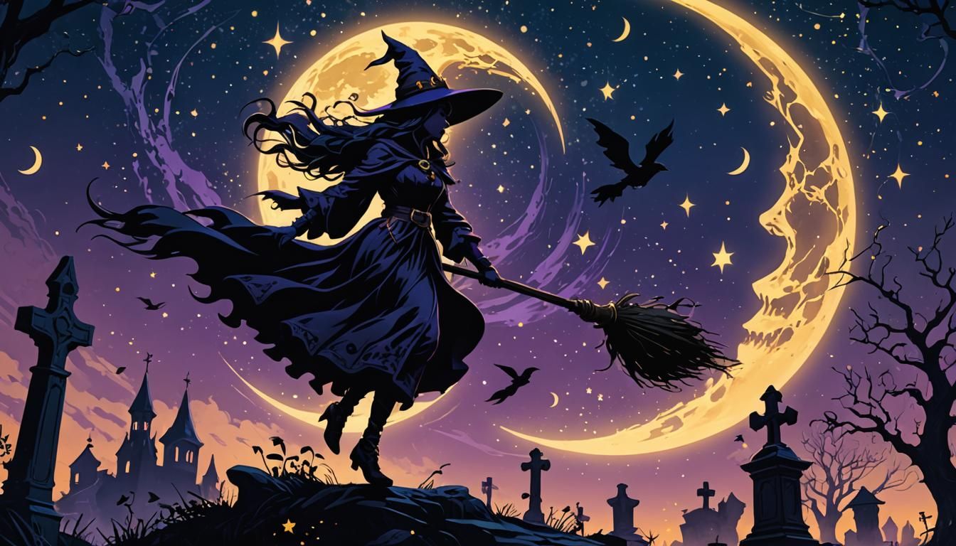 Silhouette of witch flying on broom over graveyard