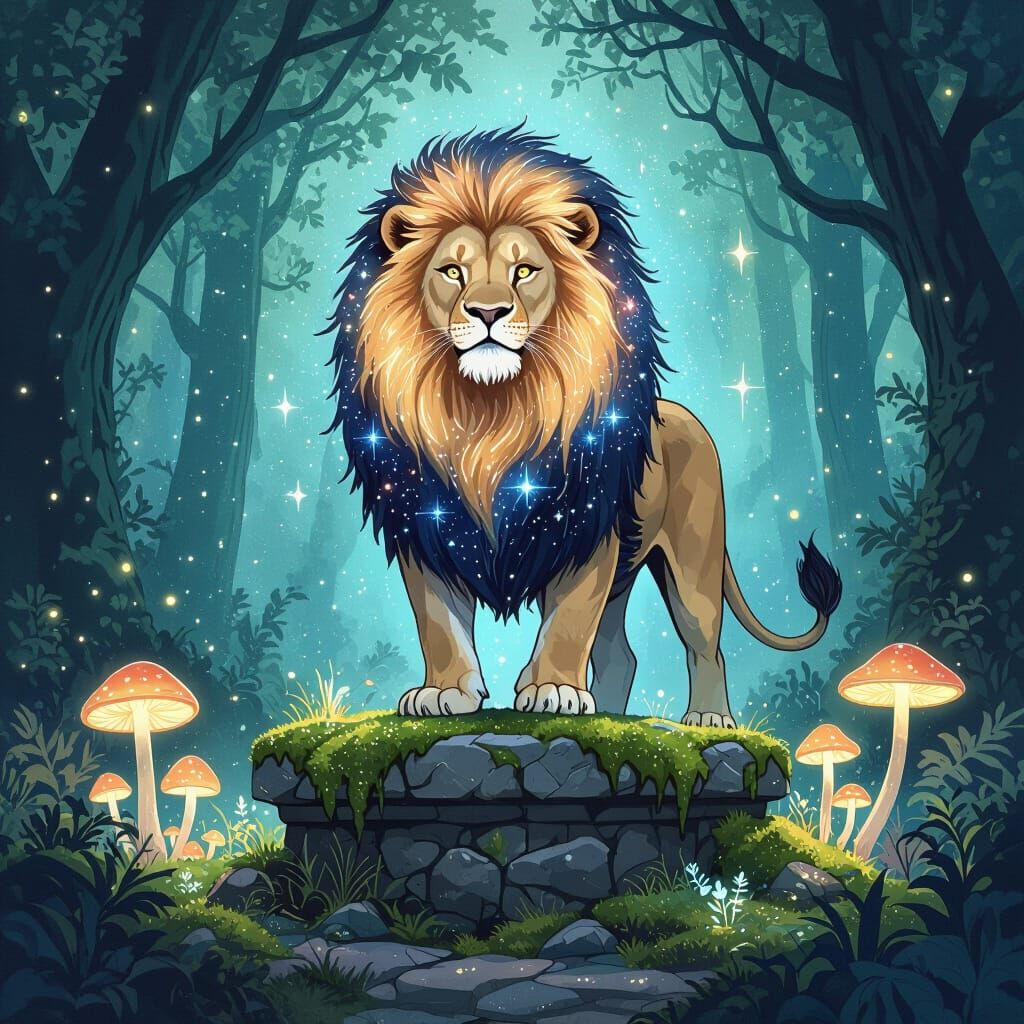 Lion with Starlight Mane in Bioluminescent Forest