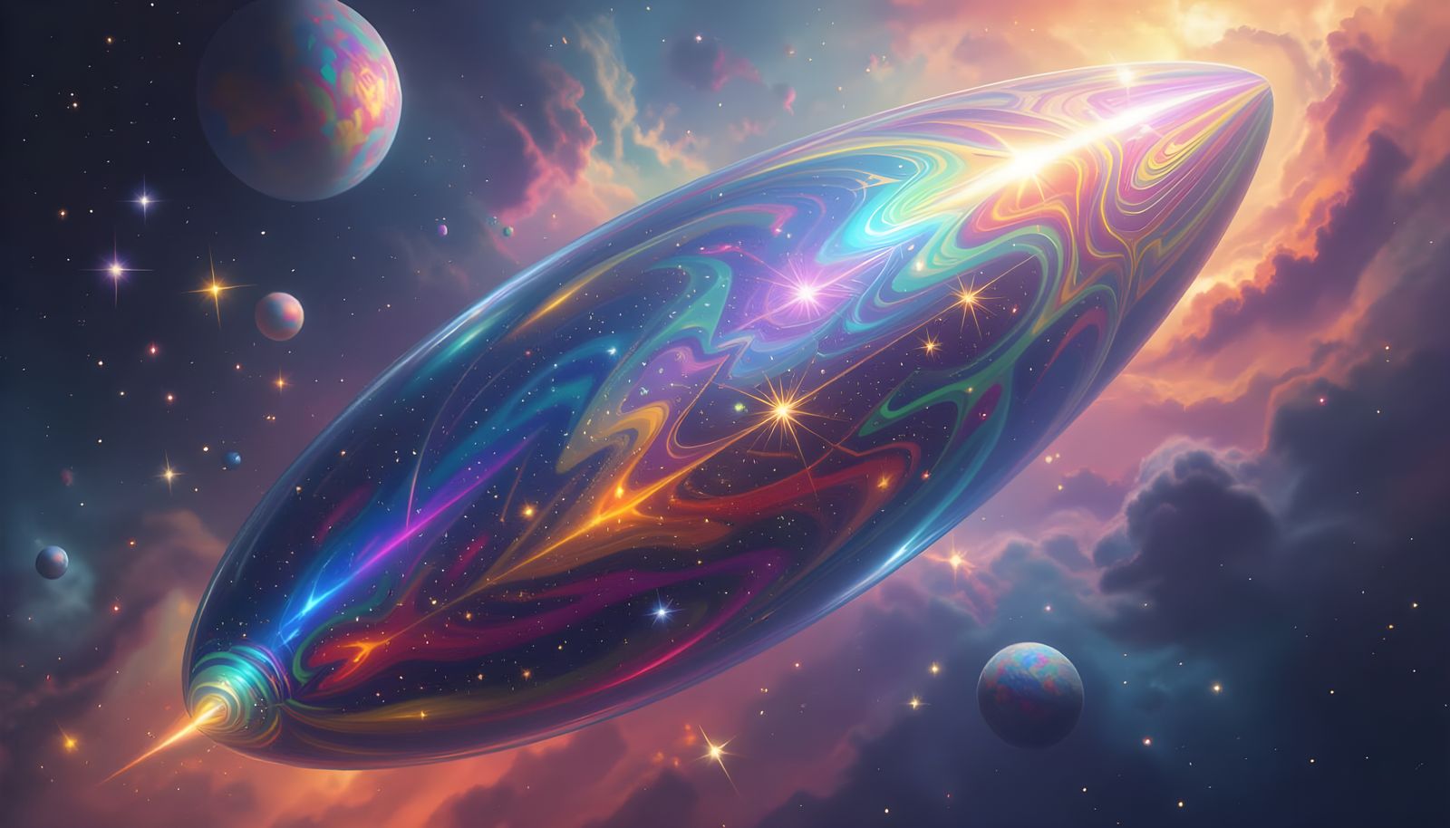 Iridescent Starship in a Vibrant Impasto Cosmos