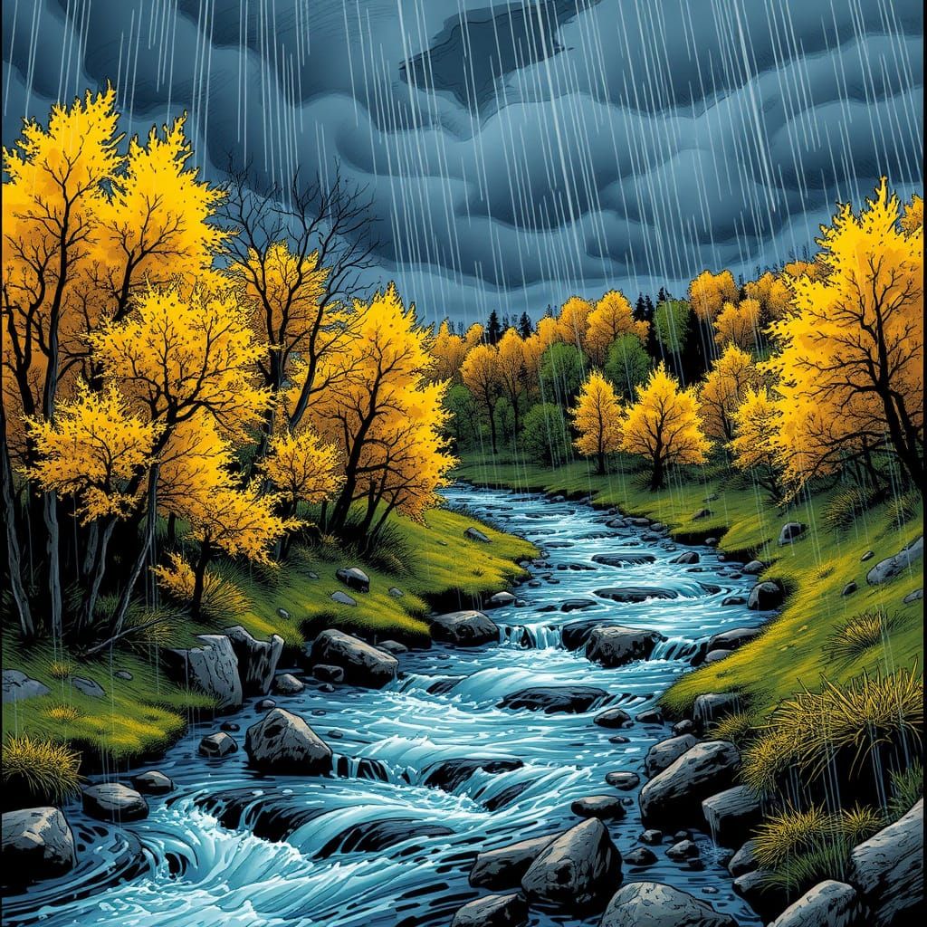 Stormy Autumn Woods Under Heavy Rain