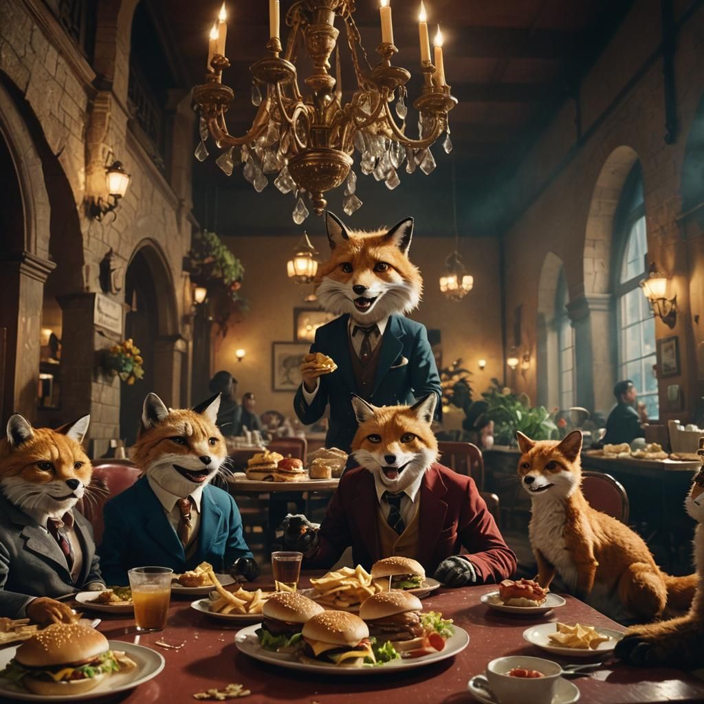 Cat, Fox, and T-Rex Share Burgers: Cinematic Still