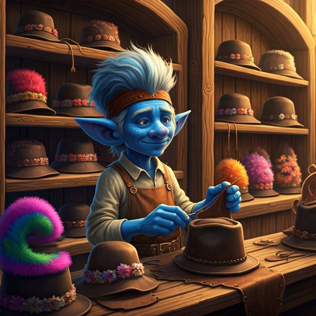 Blue-Skinned Hatmaker in Whimsical Workshop