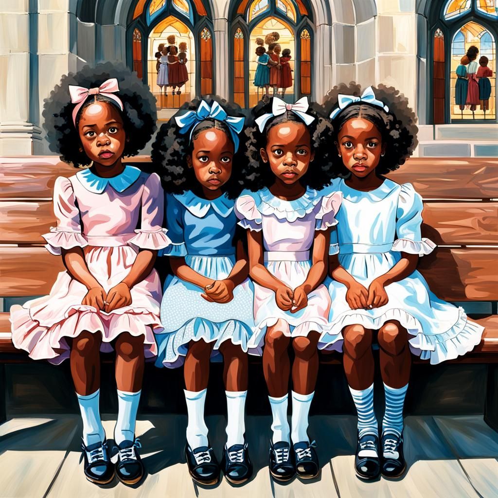 Playful Girls on Church Bench in Expressionist Style