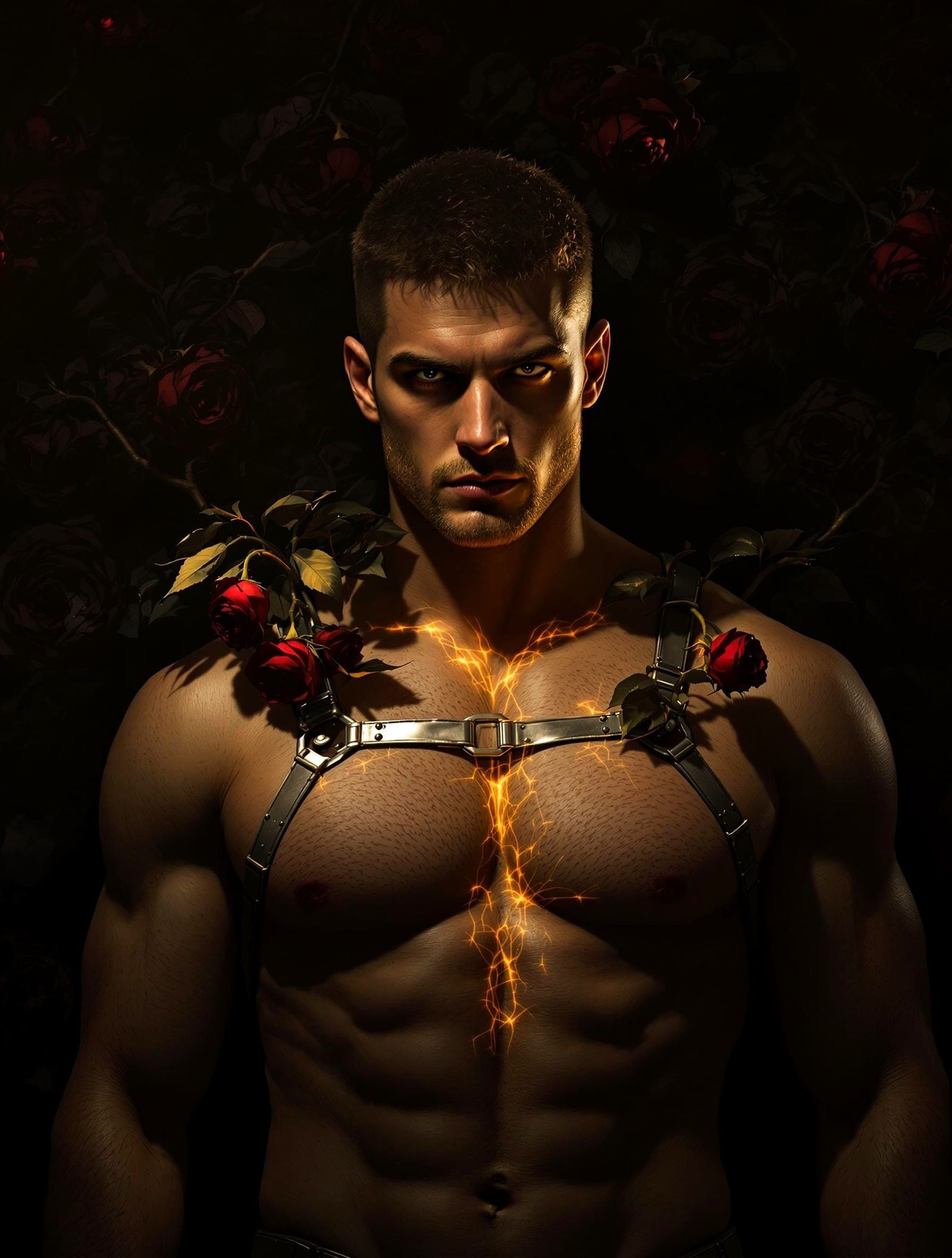 A tall, brooding man stands upright, shoulders squared and arms relaxed at his sides, exuding confidence and an air of q...