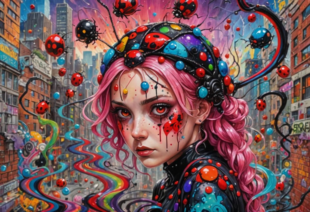 Ladybug Anime Hybrid in Dark City, Graffiti Art