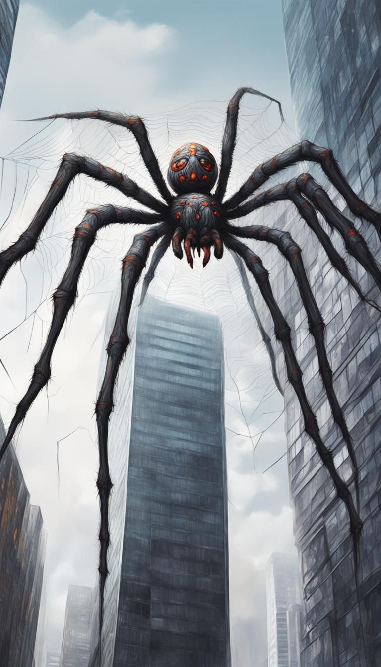 Giant Spider Kaiju Monster spinging webs between skyscrapers graffiti art, splash art, street art, spray paint, oil goua...