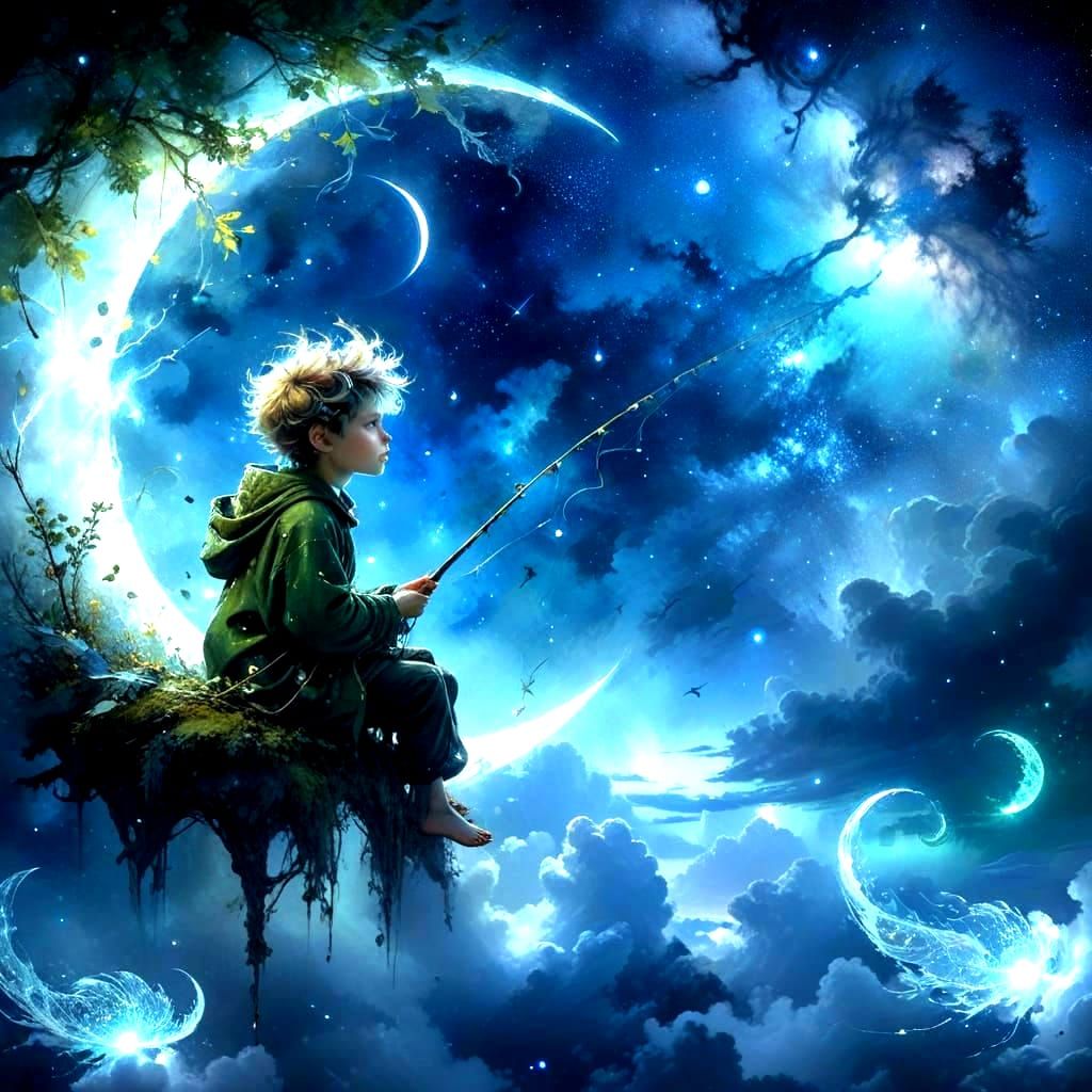 Magical Forest Spirit Boy Fishing on Moonlit Night
